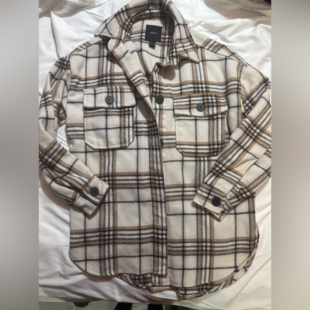 Forever 21 Cream Plaid Shacket with Brown and Black Stripes